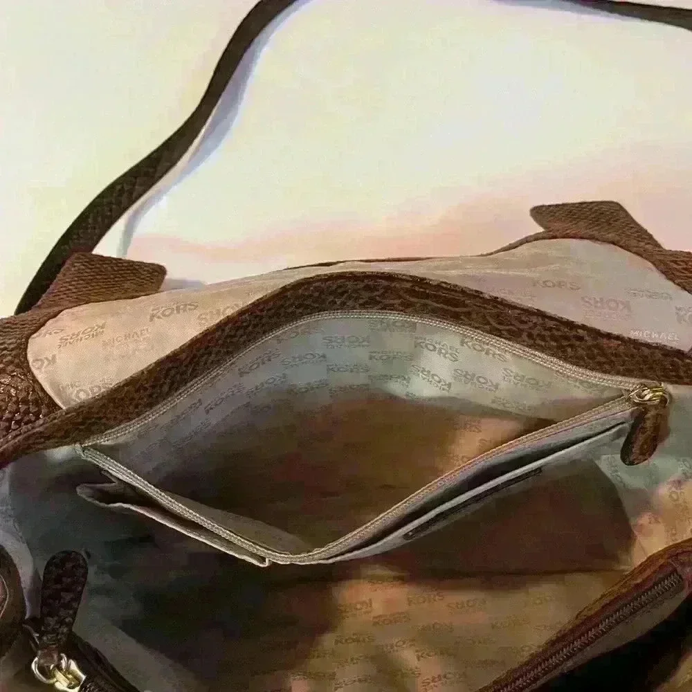 NWOT Michael Kors Snakeskin Python Suede 2Way Brown Tote Bag Satchel Purse Large